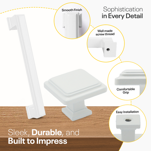 White Bar Square Handles + Square Knob Bundle (Pack of 14) FIGO
